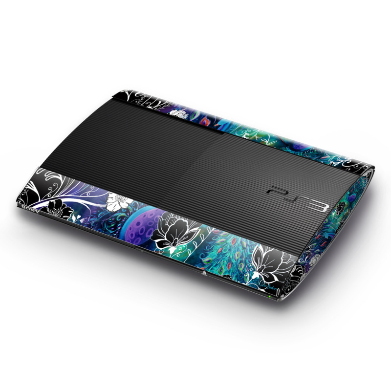 PlayStation 3 Super Slim Skin design of Pattern, Psychedelic art, Organism, Turquoise, Purple, Graphic design, Art, Design, Illustration, Fractal art, with black, blue, gray, green, white colors