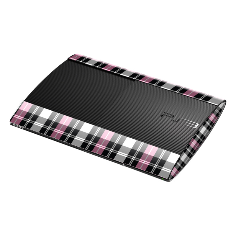 PlayStation 3 Super Slim Skin design of Plaid, Tartan, Pattern, Pink, Purple, Violet, Line, Textile, Magenta, Design, with black, gray, pink, red, white, purple colors