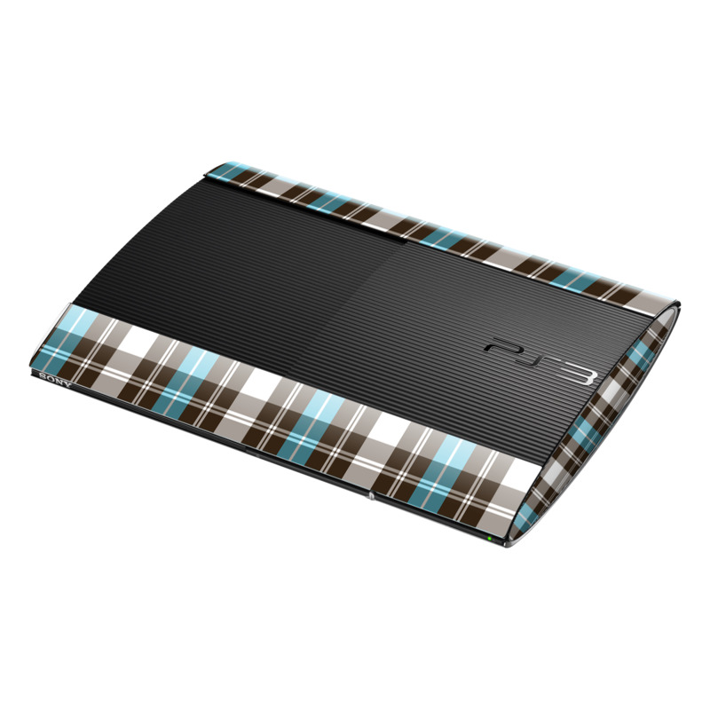 PlayStation 3 Super Slim Skin design of Plaid, Pattern, Tartan, Turquoise, Textile, Design, Brown, Line, Tints and shades, with gray, black, blue, white colors