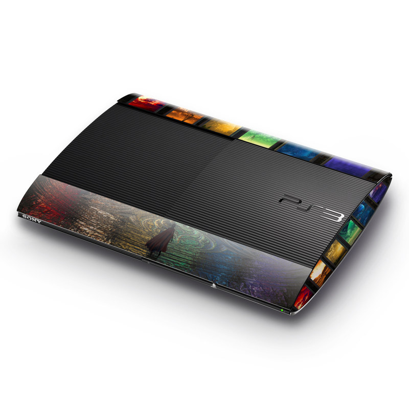 PlayStation 3 Super Slim Skin design of Light, Lighting, Water, Sky, Technology, Night, Art, Geological phenomenon, Electronic device, Glass, with black, red, green, blue colors