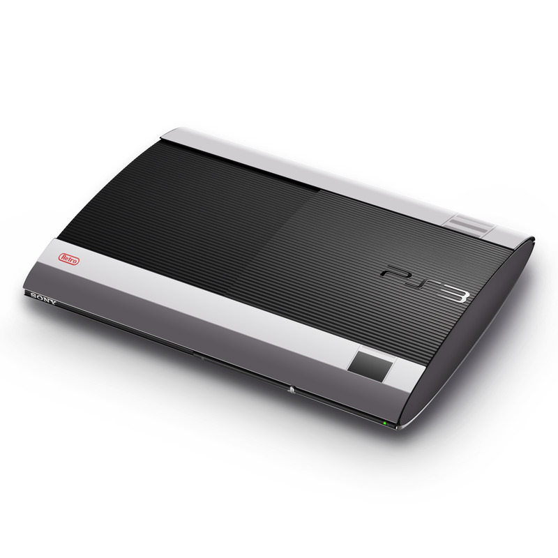PlayStation 3 Super Slim Skin design of Text, Font, Red, Product, Logo, Brand, Material property, Graphics, Rectangle with gray, black, red colors