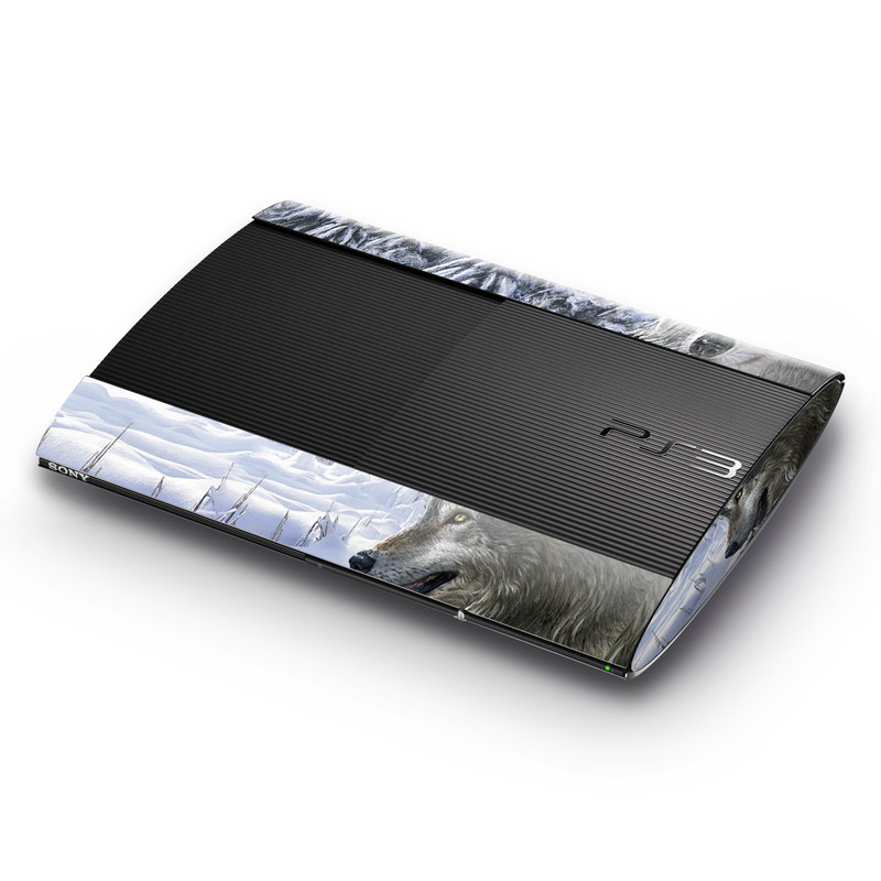 PlayStation 3 Super Slim Skin design of Mammal, Vertebrate, Wolf, Canidae, canis lupus tundrarum, Canis, Wildlife, Carnivore, Wolfdog, Dog, with gray, black, blue, purple colors