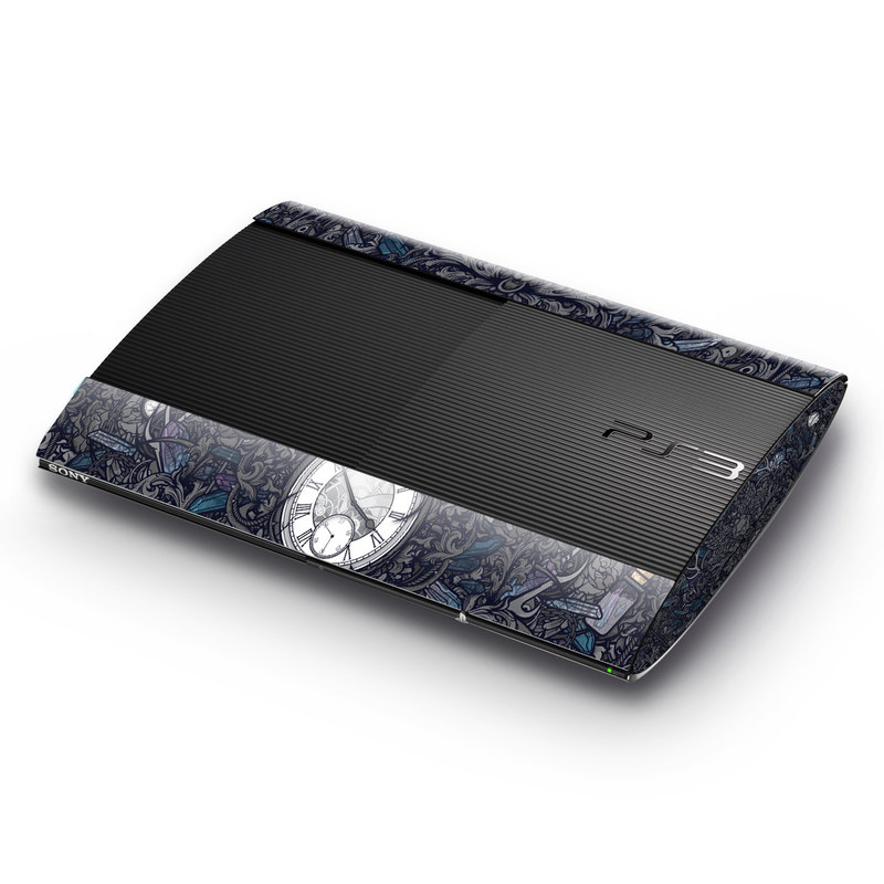 PlayStation 3 Super Slim Skin design of Blue, Pattern, Psychedelic art, Design, Circle, Art, Font, Graphic design, Visual arts, Illustration, with black, gray colors