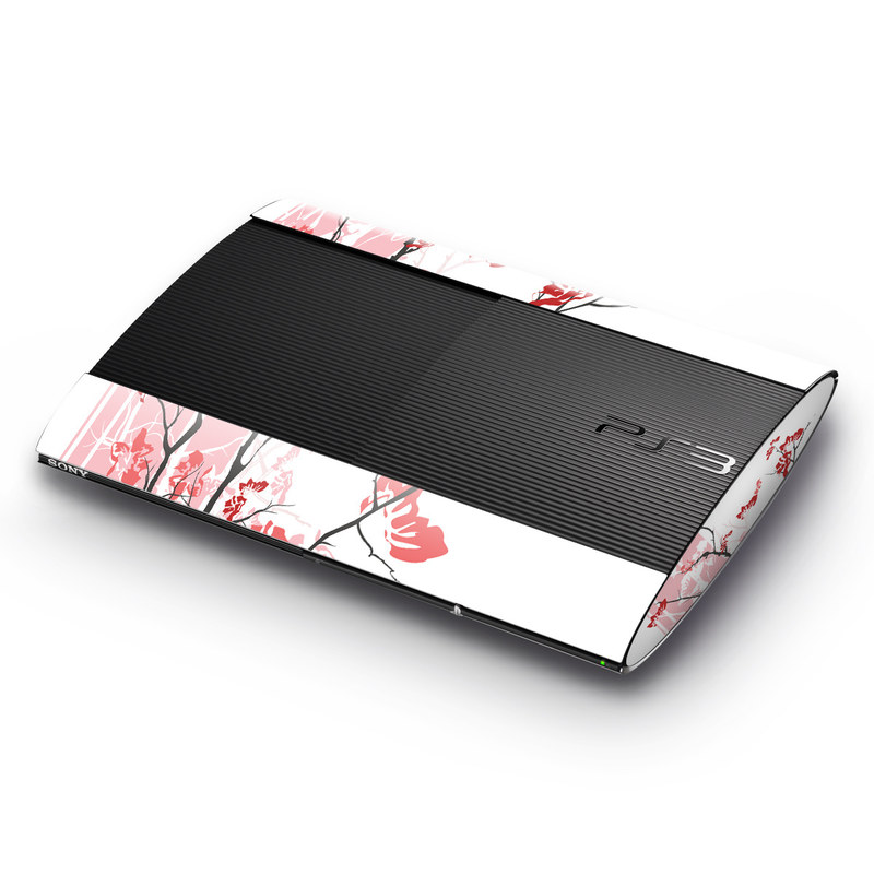 PlayStation 3 Super Slim Skin design of Branch, Red, Flower, Plant, Tree, Twig, Blossom, Botany, Pink, Spring, with white, pink, gray, red, black colors
