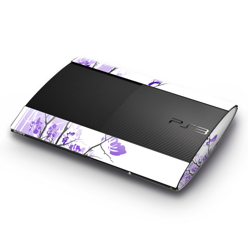 PlayStation 3 Super Slim Skin design of Branch, Purple, Violet, Lilac, Lavender, Plant, Twig, Flower, Tree, Wildflower, with white, purple, gray, pink, black colors