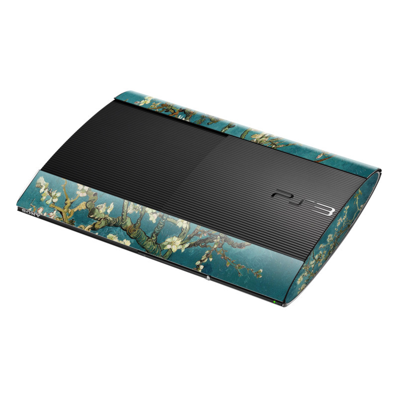 PlayStation 3 Super Slim Skin design of Tree, Branch, Plant, Flower, Blossom, Spring, Woody plant, Perennial plant with blue, black, gray, green colors