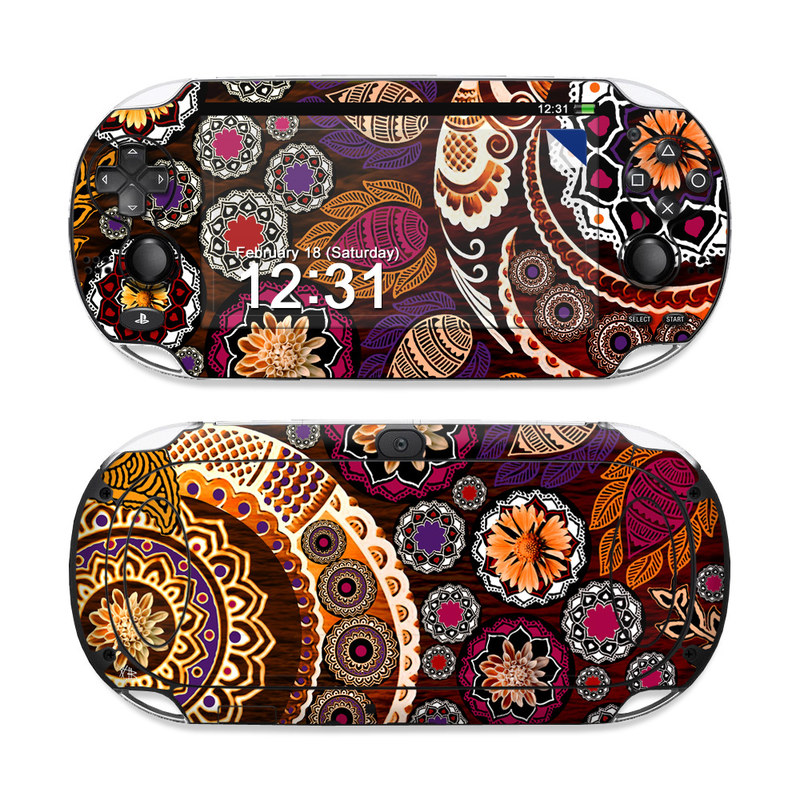 PlayStation Vita Skin design of Pattern, Motif, Visual arts, Design, Art, Floral design, Textile, Paisley, Tapestry, Circle, with brown, purple, red, white, black colors