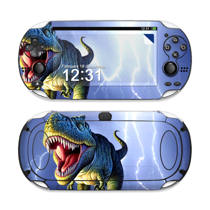 PlayStation Vita Skin design of Dinosaur, Extinction, Tyrannosaurus, Velociraptor, Tooth, Jaw, Organism, Mouth, Fictional character, Art, with blue, green, yellow, orange, red colors