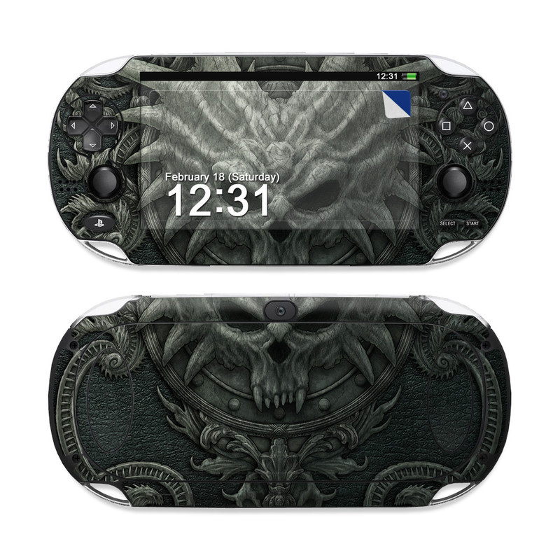 PlayStation Vita Skin design of Demon, Dragon, Fictional character, Illustration, Supernatural creature, Drawing, Symmetry, Art, Mythology, Mythical creature, with black, gray colors