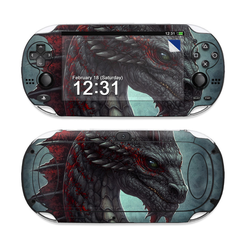 PlayStation Vita Skin design of Dragon, Fictional character, Mythical creature, Demon, Cg artwork, Illustration, Green dragon, Supernatural creature, Cryptid, with red, gray, blue colors