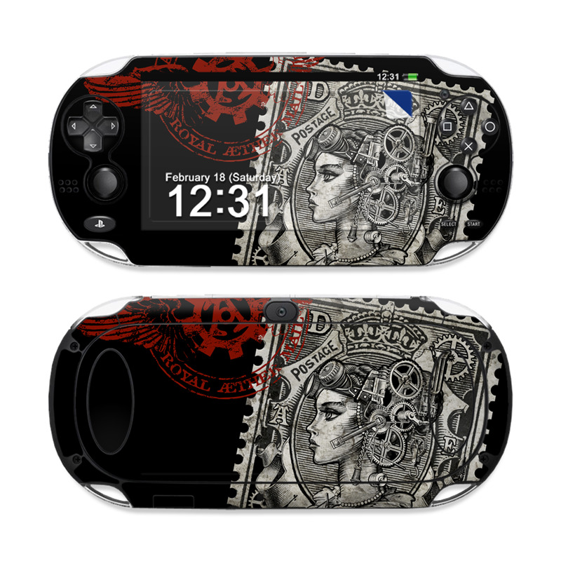 PlayStation Vita Skin design of Font, Postage stamp, Illustration, Drawing, Art, with black, gray, red colors