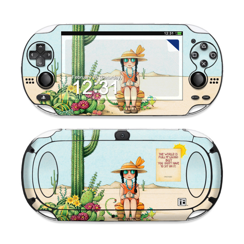 PlayStation Vita Skin design of Cartoon, Cactus, Illustration, Animated cartoon, Plant, Vegetable, Fictional character, Art, with green, yellow, pink, orange, brown colors