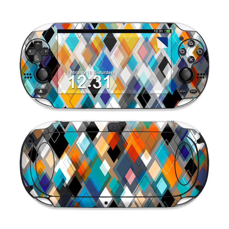 PlayStation Vita Skin design of Pattern, Line, Design, Colorfulness, Plaid, Tints and shades, Textile, Symmetry, Square, with black, blue, red, orange, white colors