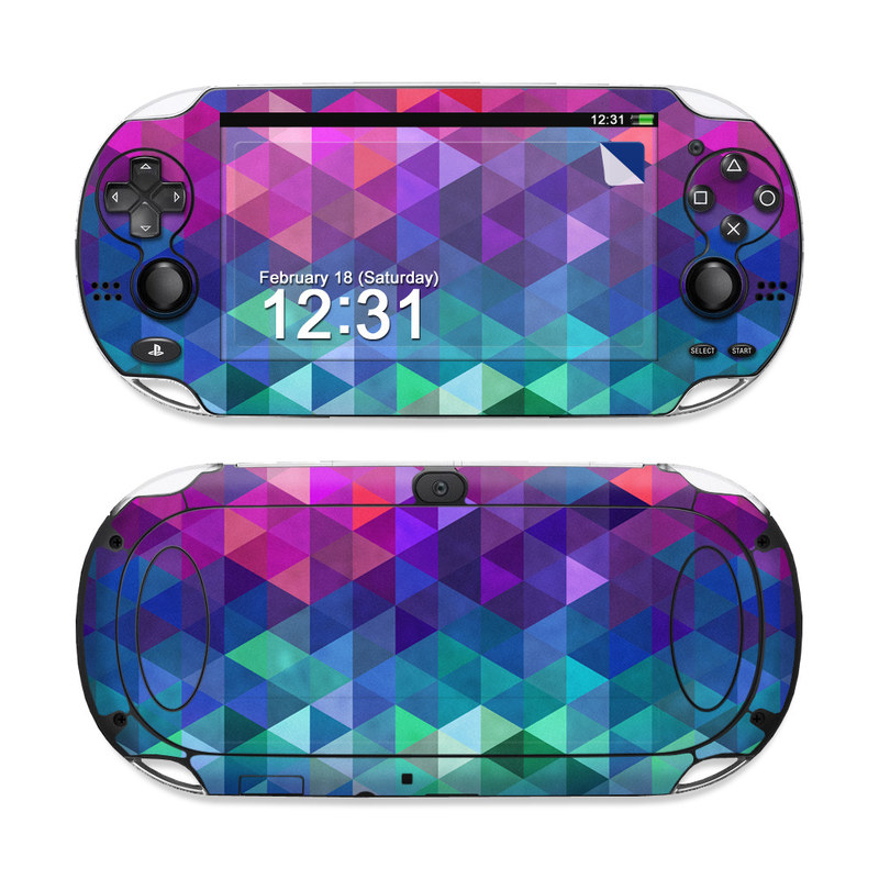 PlayStation Vita Skin design of Purple, Violet, Pattern, Blue, Magenta, Triangle, Line, Design, Graphic design, Symmetry, with blue, purple, green, red, pink colors