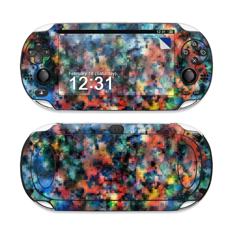 PlayStation Vita Skin design of Blue, Colorfulness, Pattern, Psychedelic art, Art, Sky, Design, Textile, Dye, Modern art, with black, blue, red, gray, green colors