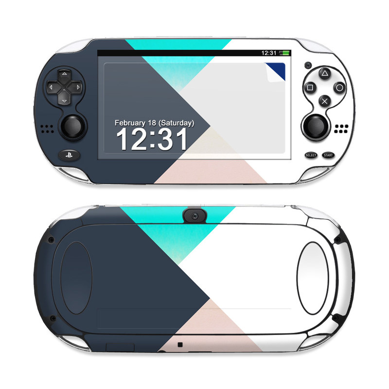 PlayStation Vita Skin design of Blue, Turquoise, Aqua, Line, Triangle, Design, Material property, Graphic design, Pattern, Architecture, with black, white, brown, blue colors