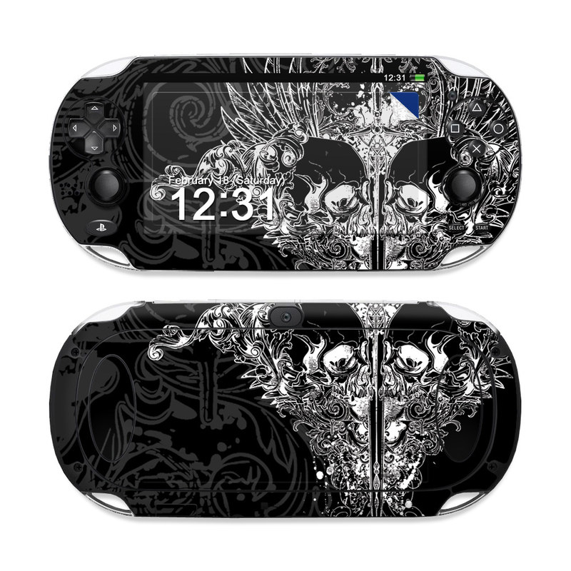 PlayStation Vita Skin design of Illustration, Art, Design, Monochrome, Graphic design, Pattern, Fictional character, Skull, Black-and-white, Graphics, with black, gray colors