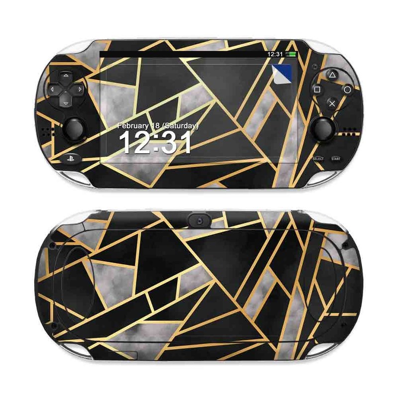 PlayStation Vita Skin design of Pattern, Triangle, Yellow, Line, Tile, Floor, Design, Symmetry, Architecture, Flooring, with black, gray, yellow colors