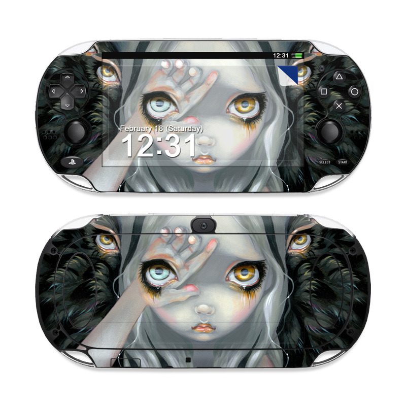 PlayStation Vita Skin design of Face, Head, Cg artwork, Eye, Illustration, Organ, Fictional character, Art, Iris, Darkness, with black, gray, blue, green colors