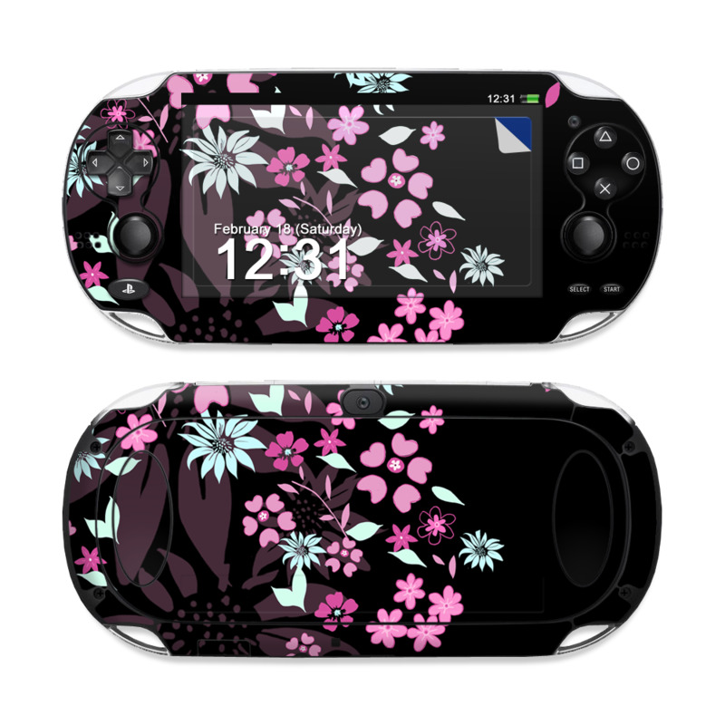 PlayStation Vita Skin design of Pink, Pattern, Flower, Plant, Botany, Petal, Floral design, Design, Pedicel, Graphic design, with black, gray, purple, green, red, pink colors