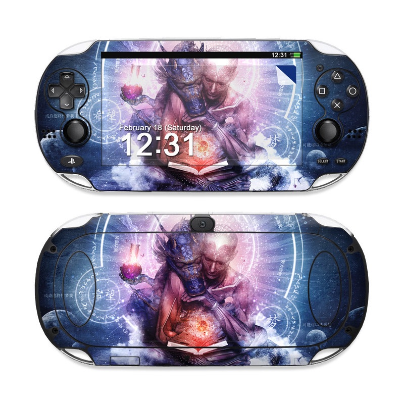 PlayStation Vita Skin design of Cg artwork, Illustration, Graphic design, Fictional character, Mythology, Graphics, Space, Art, Darkness, with blue, black, red, yellow, white colors