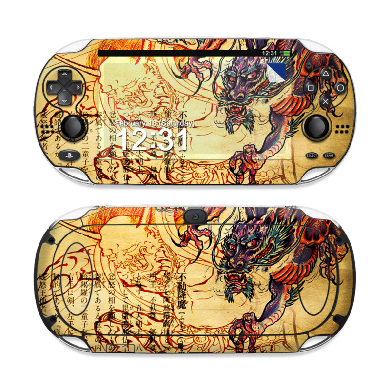 PlayStation Vita Skin design of Illustration, Fictional character, Art, Demon, Drawing, Visual arts, Dragon, Supernatural creature, Mythical creature, Mythology, with black, green, red, gray, pink, orange colors