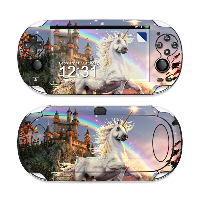 PlayStation Vita Skin design of Nature, Unicorn, Fictional character, Sky, Mythical creature, Mythology, Cg artwork, Horse, Mane, Wildlife, with black, gray, red, green, blue colors