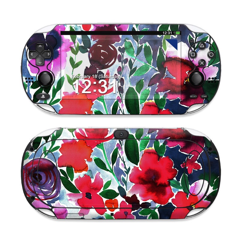 PlayStation Vita Skin design of Flower, Petal, Red, Plant, Pattern, Pink, Purple, Flowering plant, Botany, Design, with red, green, pink, blue colors