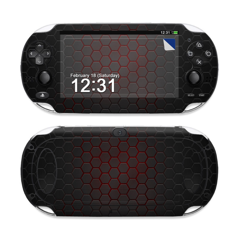 PlayStation Vita Skin design of Black, Pattern, Metal, Design, Mesh, Carbon, Space, Wallpaper, with black, red colors