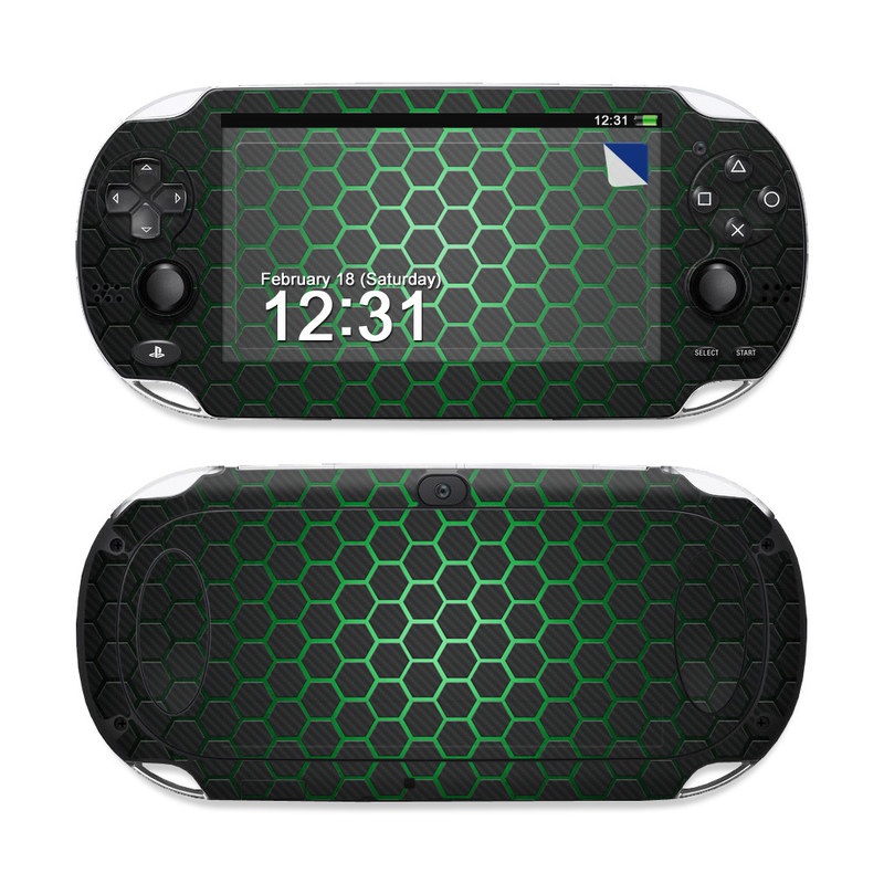 PlayStation Vita Skin design of Pattern, Metal, Design, Carbon, Space, Circle, with black, gray, green colors