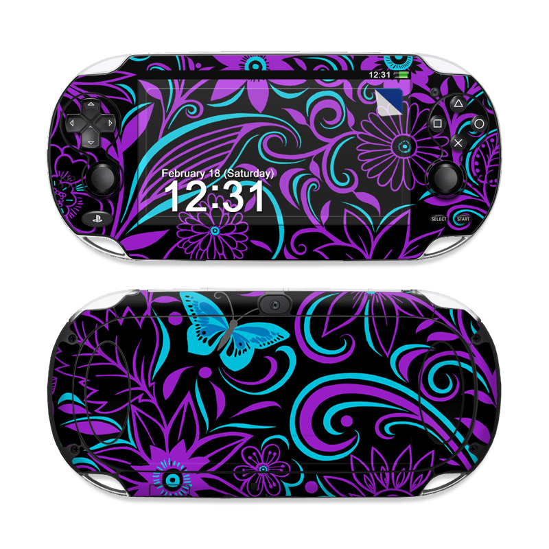 PlayStation Vita Skin design of Pattern, Purple, Violet, Turquoise, Teal, Design, Floral design, Visual arts, Magenta, Motif, with black, purple, blue colors