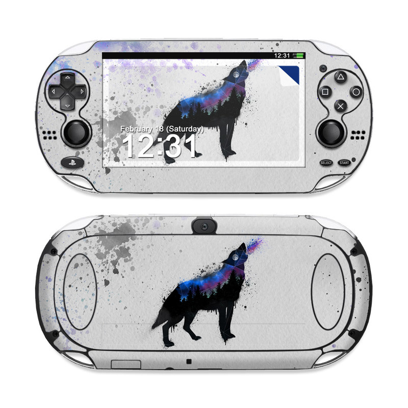 PlayStation Vita Skin design of Canidae, Art, Illustration, Watercolor paint, Dog, Graphic design, Street art, Acrylic paint, Painting, Visual arts, with gray, white, blue, black, green, purple colors