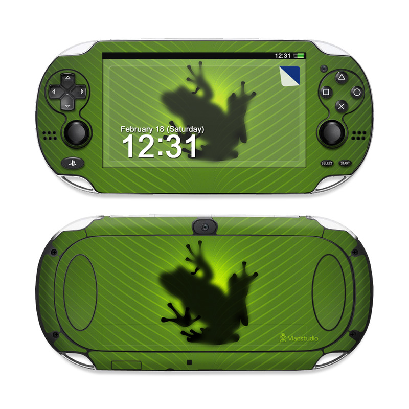 PlayStation Vita Skin design of Green, Frog, Tree frog, Amphibian, Shadow, Silhouette, Macro photography, Illustration, with green, black colors