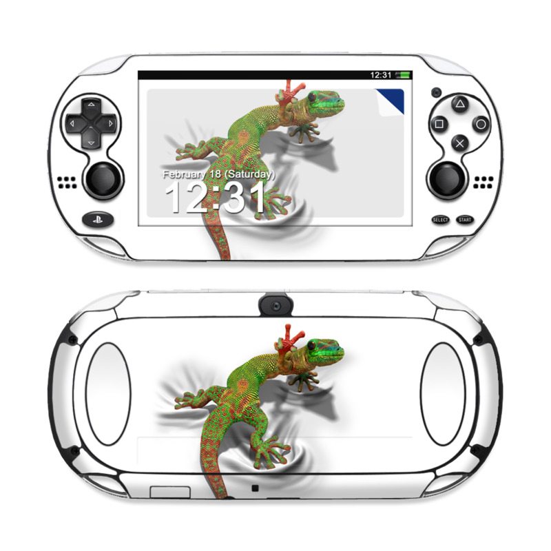 PlayStation Vita Skin design of Lizard, Reptile, Gecko, Scaled reptile, Green, Iguania, Animal figure, Wall lizard, Fictional character, Iguanidae, with white, gray, black, red, green colors