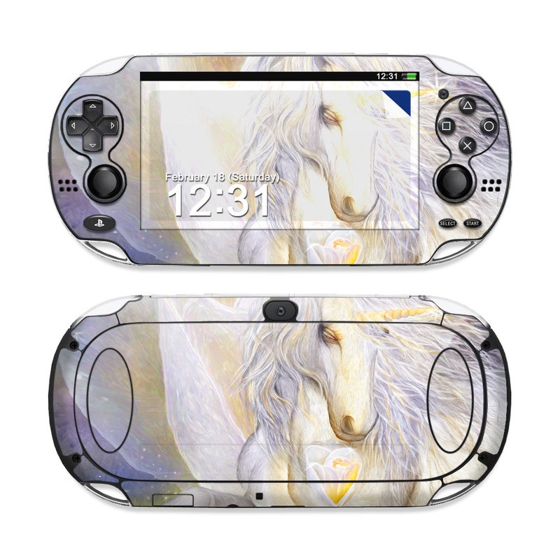 PlayStation Vita Skin design of Fictional character, Mythical creature, Unicorn, Sky, Mythology, Supernatural creature, Illustration, with gray, black, green, pink, blue colors