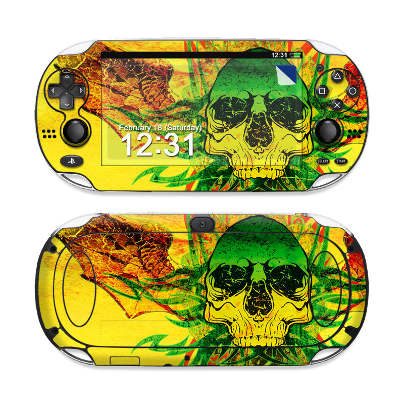 PlayStation Vita Skin design of Psychedelic art, Skull, Illustration, Bone, Art, Graphic design, Visual arts, Poster, Plant, Painting, with green, orange, black, red colors