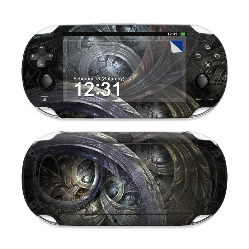 PlayStation Vita Skin design of Fractal art, Graphic design, Art, Cg artwork, Darkness, Circle, Pattern, Illustration, Graphics, Metal, with black, gray, blue colors