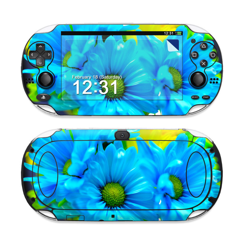 PlayStation Vita Skin design of Blue, Flower, Petal, Green, Plant, Cobalt blue, Yellow, Flowering plant, Gerbera, Electric blue, with blue, black, green colors