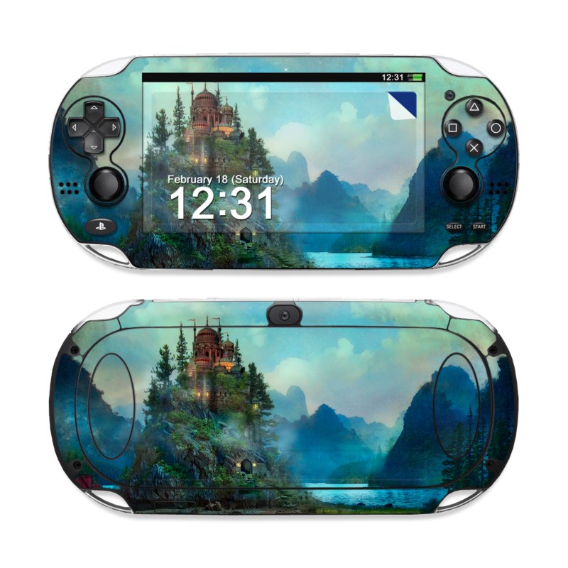 PlayStation Vita Skin design of Nature, Natural landscape, Sky, Painting, Landscape, Illustration, Watercolor paint, Art, Calm, Water castle, with black, gray, blue, green colors