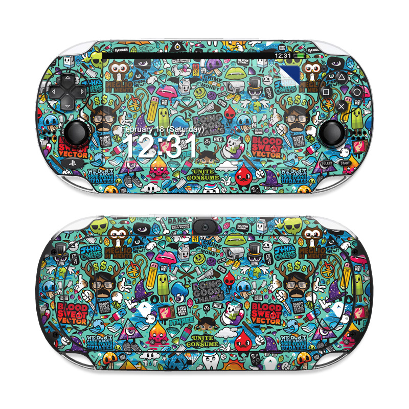 PlayStation Vita Skin design of Cartoon, Art, Pattern, Design, Illustration, Visual arts, Doodle, Psychedelic art, with black, blue, gray, red, green colors