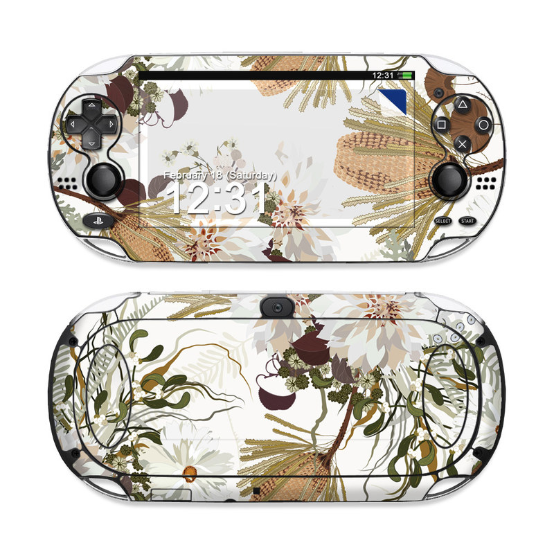 PlayStation Vita Skin design of Flower, Botany, Plant, Floral design, Wildflower, Pattern, Wallpaper, Textile, Petal, Butterfly, with white, brown, green, gray colors