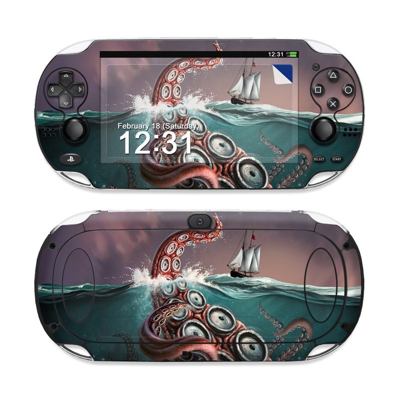 PlayStation Vita Skin design of Octopus, Water, Illustration, Wind wave, Sky, Graphic design, Organism, Cephalopod, Cg artwork, giant pacific octopus, with blue, gray, white, brown, red colors