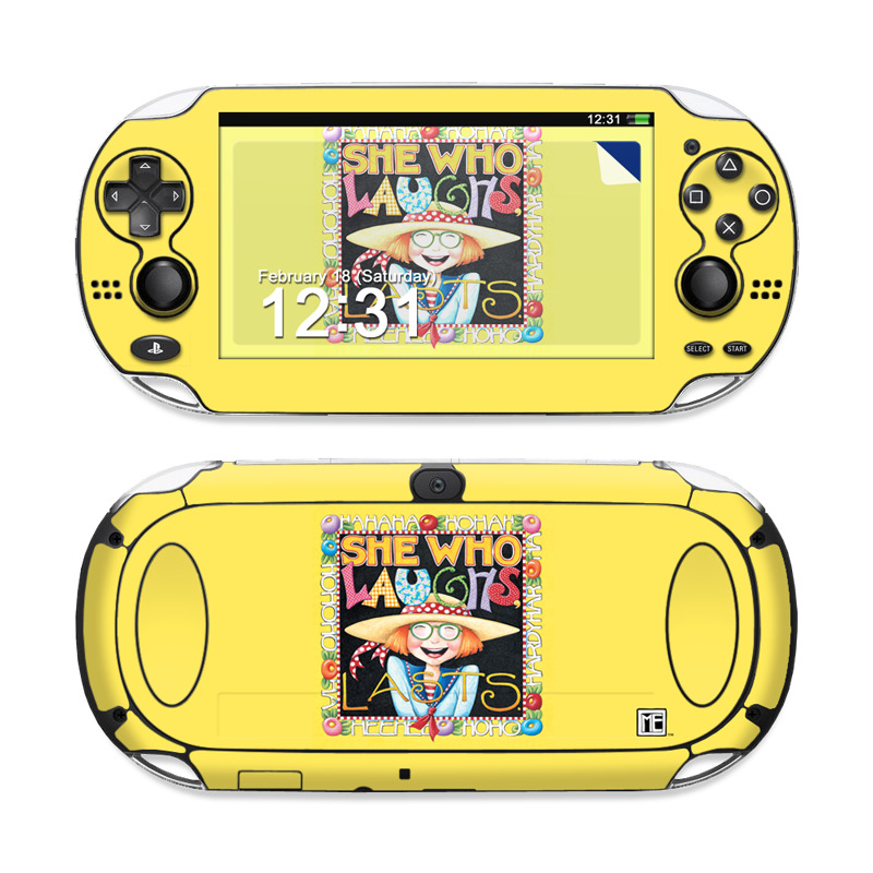PlayStation Vita Skin design of Text, with orange, black, gray, green, red, pink colors