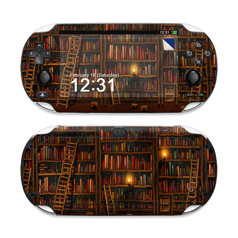 PlayStation Vita Skin design of Shelving, Library, Bookcase, Shelf, Furniture, Book, Building, Publication, Room, Darkness, with black, red colors