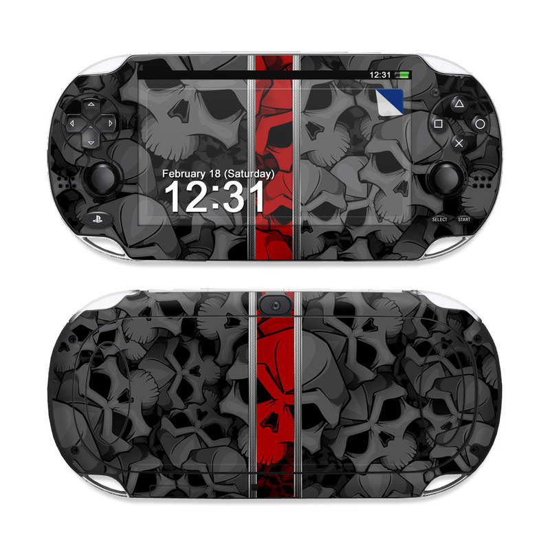 PlayStation Vita Skin design of Font, Text, Pattern, Design, Graphic design, Black-and-white, Monochrome, Graphics, Illustration, Art, with black, red, gray colors