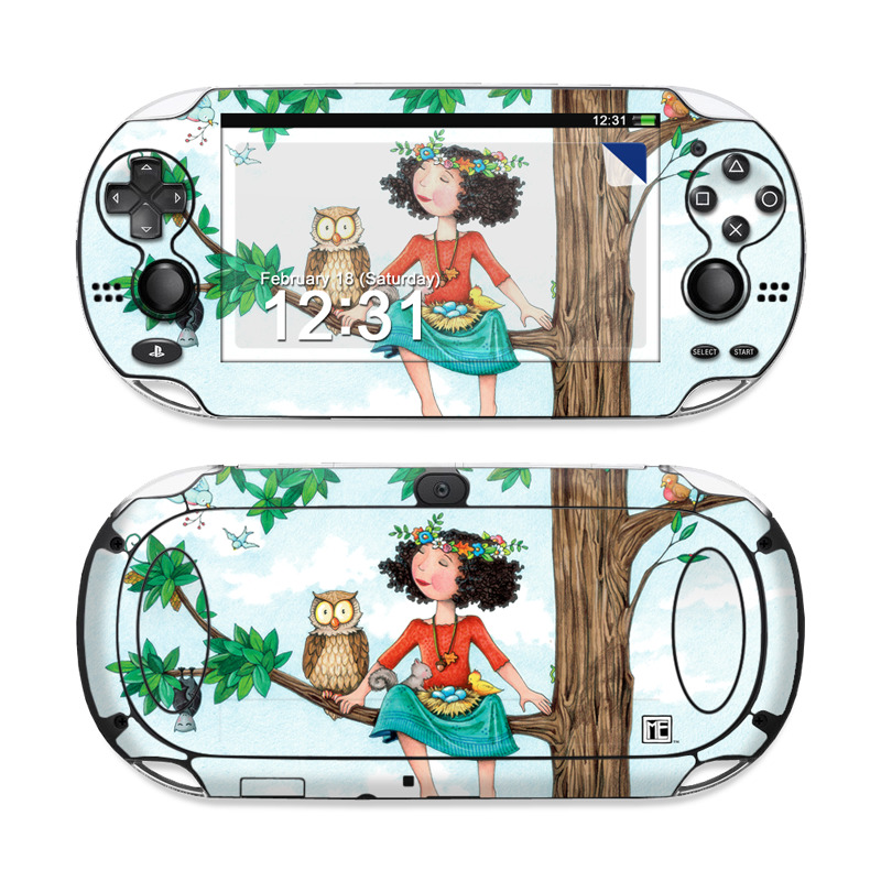PlayStation Vita Skin design of Cartoon, Illustration, Branch, Bird, Owl, Tree, Art, Plant, Clip art, Fictional character, with blue, gray, red, black, white, green colors