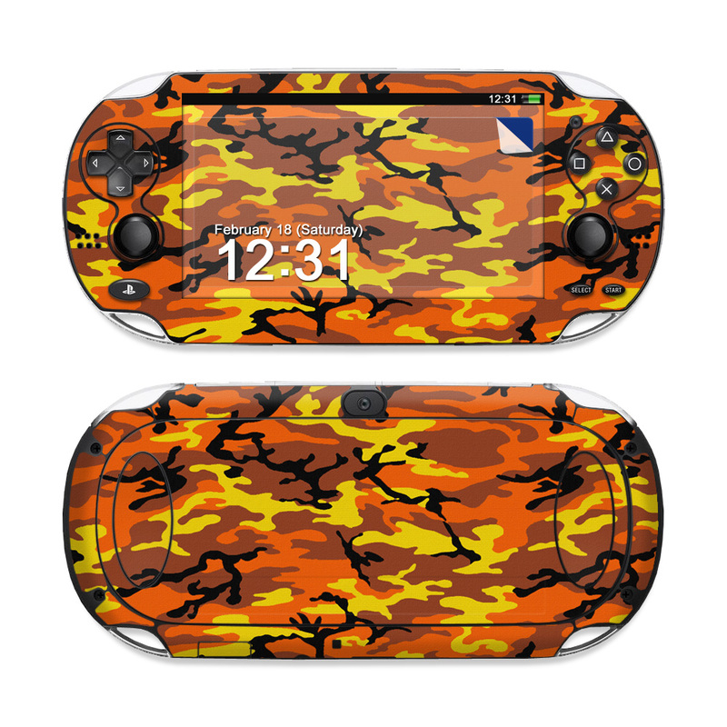PlayStation Vita Skin design of Military camouflage, Orange, Pattern, Camouflage, Yellow, Brown, Uniform, Design, Tree, Wildlife, with red, green, black colors