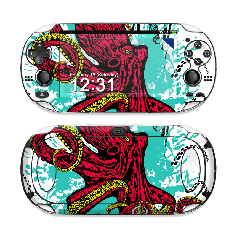 PlayStation Vita Skin design of Graphic design, Illustration, Visual arts, Octopus, Design, Art, Fictional character, Pattern, Clip art, Line art, with black, white, gray, red, blue, green colors