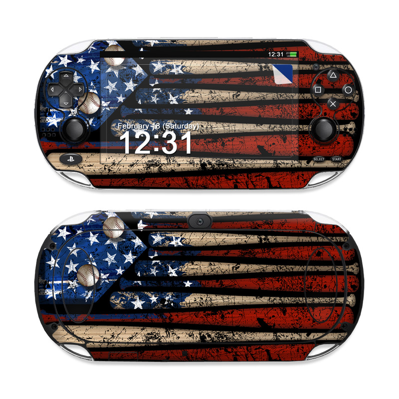 PlayStation Vita Skin design of Baseball bat, Baseball equipment, with black, red, gray, green, blue colors