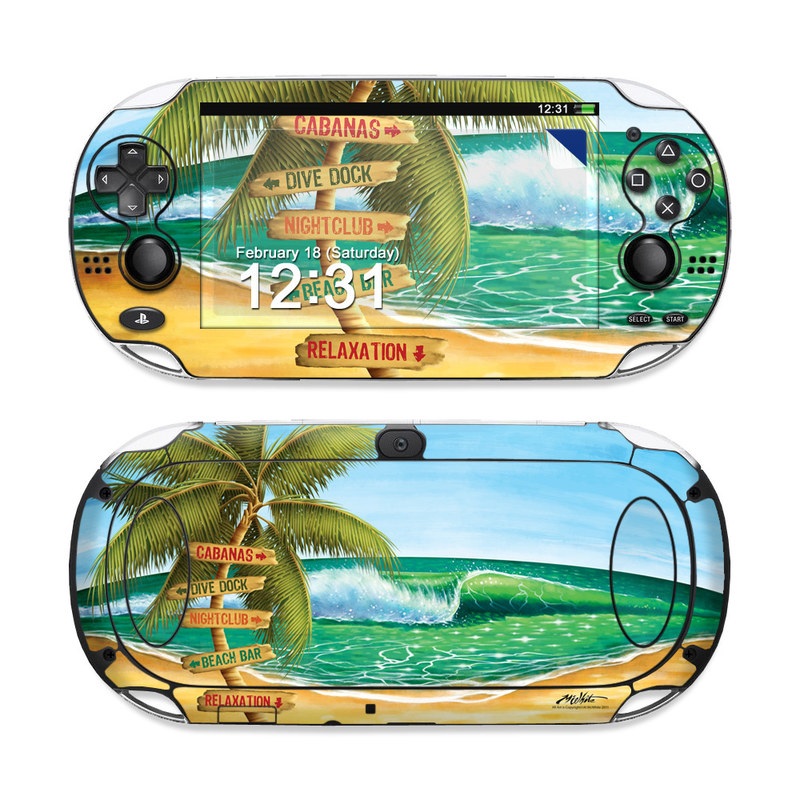PlayStation Vita Skin design of Palm tree, Arecales, Tropics, Tree, Caribbean, Wave, Water, Coconut, Ocean, Elaeis, with green, purple, gray, black, blue colors